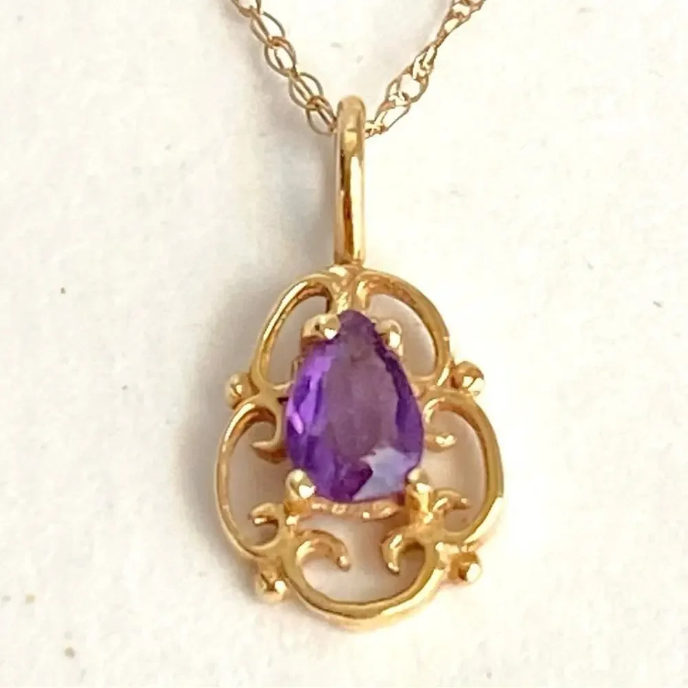 Vintage 14K Gold Amethyst Necklace Purple Scroll Pendant Dainty 10k 18” Chain‎